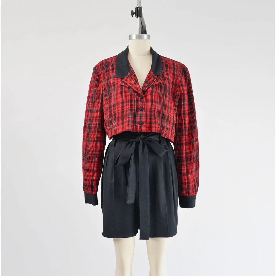 Macacão xadrez vintage anos 90 vermelho e preto shorts jumper com cinto de gravata G - Imagem 2 de 4