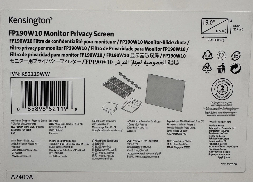 2- Kensington FP190W10 Privacy Screen for 19” Widescreen 16:10 Monitors K52119WW - Image 2 of 4