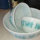 New ListingPyrex Butterprint Mixing Bowl Set, Turquoise White Glass, Nesting, Set of 3