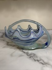 Vintage Mid Century Modern MCM Murano Style LARGE Art Glass Basket Blue Swirl