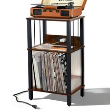 Retro Record Player Stand with 100-Album Storage - Adjustable Height Turntabl...