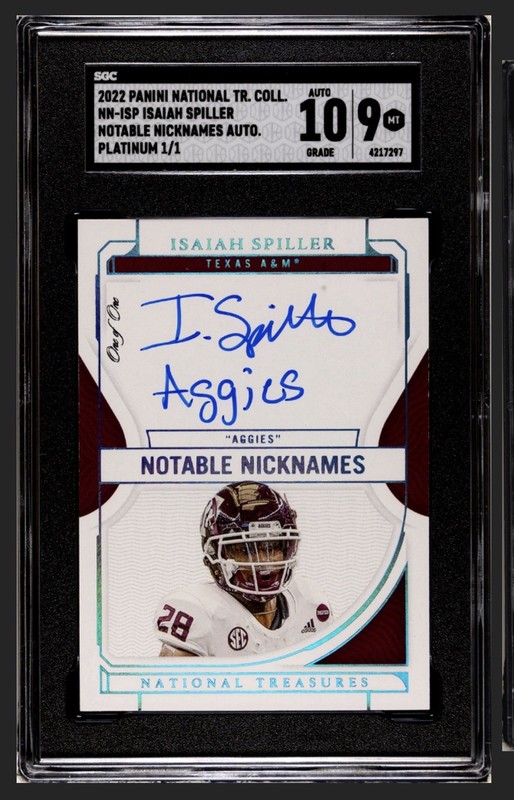 2022 National Treasures Platinum 1/1 Isaiah Spiller SGC 9 MINT Rookie Auto RC