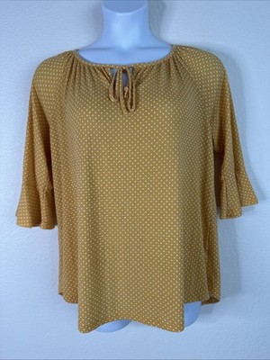 Fred David Womens Plus Size 1X Yellow Dot Knit Tie-Neck Top 3/4 Sleeve