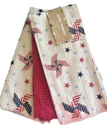 Stars Stripes Dish Kitchen Towels July 4th Red White Blue Vintage Look Set of 3