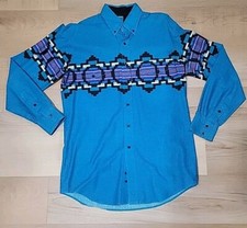 Vintage ROPER AZTEC Blue Western Brushpopper Shirt Colorful Medium Made In USA