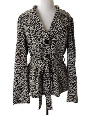 CATO SINGLE BREASTED JACKET TAN BLACK LEOPARD PRINT BUTTON UP TIE FRONT WOMEN M