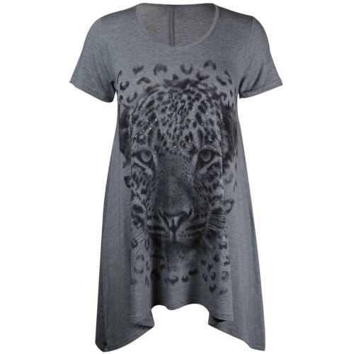 Top de mujer talla grande con dobladillo desigual manga corta lentejuelas cara de tigre estampado Ha - Imagen 11 de 21