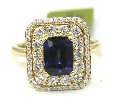 Emerald Cut Blue Sapphire & Diamond Halo Solitaire Ring 14k Yellow Gold 2.90Ct