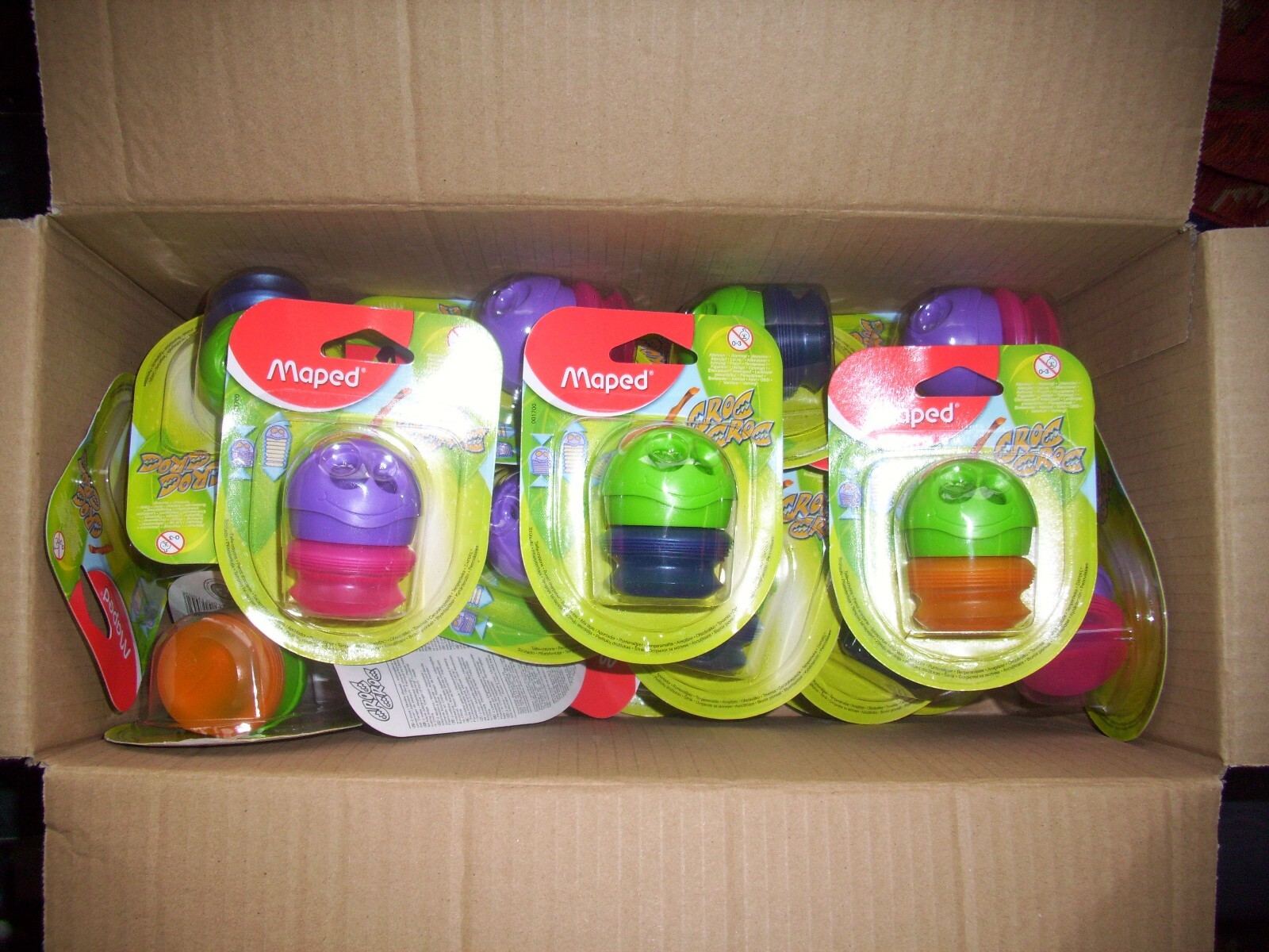 MAPED CROC CROC DOUBLE HOLE PENCIL SHARPENER BOXFUL OF 25 GREEN PURPLE BRAND NEW