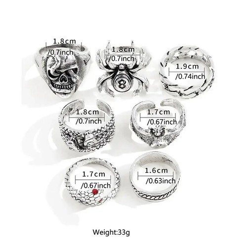 Jack Sparrow, The Pirates Of The Caribbean, Antique Silver, Seven Piece Ring Set - 第 5/5 張圖片