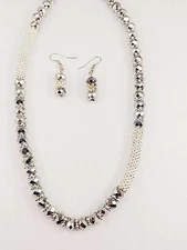 Charm Silver Plated Metal Metallic Silver Faceted Cut Glass Bead  Necklace Set