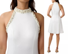 ADRIANNA PAPELL Pearl Embellished Mock-Neck Fit & Flare Dress in Ivory  sz 12