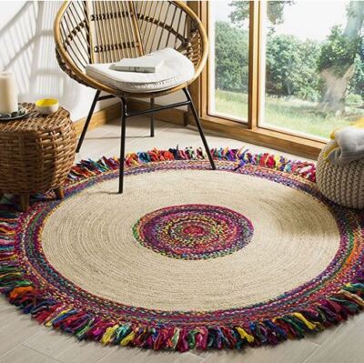 Handmade Natural Jute Area Rug Braided Bohemian Home Decor Rugs Round Fring Rugs