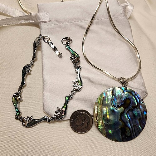 2pc Teal Abalone Shell Sterling Silver Necklace & Dolphin Abalone Bracelet Set - Picture 4 of 9