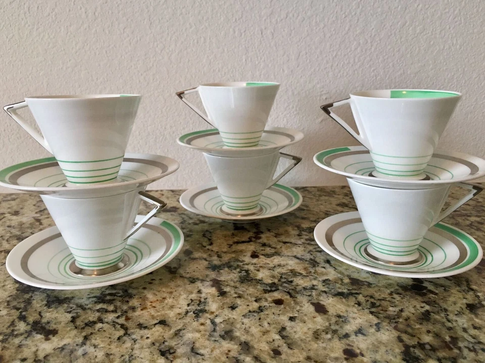 Shelley Eve 12480 Green Silver Lines Demitasse Set 6x Tazas Platillos Cafetera Foto 3 de 4