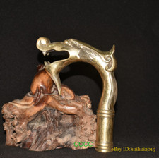 Rare Lucky Handmade Bronze Carving Dragon Head Cane Walking Stick Head Statues