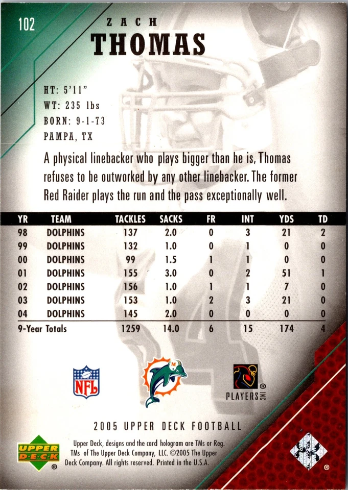 Zach Thomas-2005 Upper Deck #102 Dolphins - Image 2 of 2
