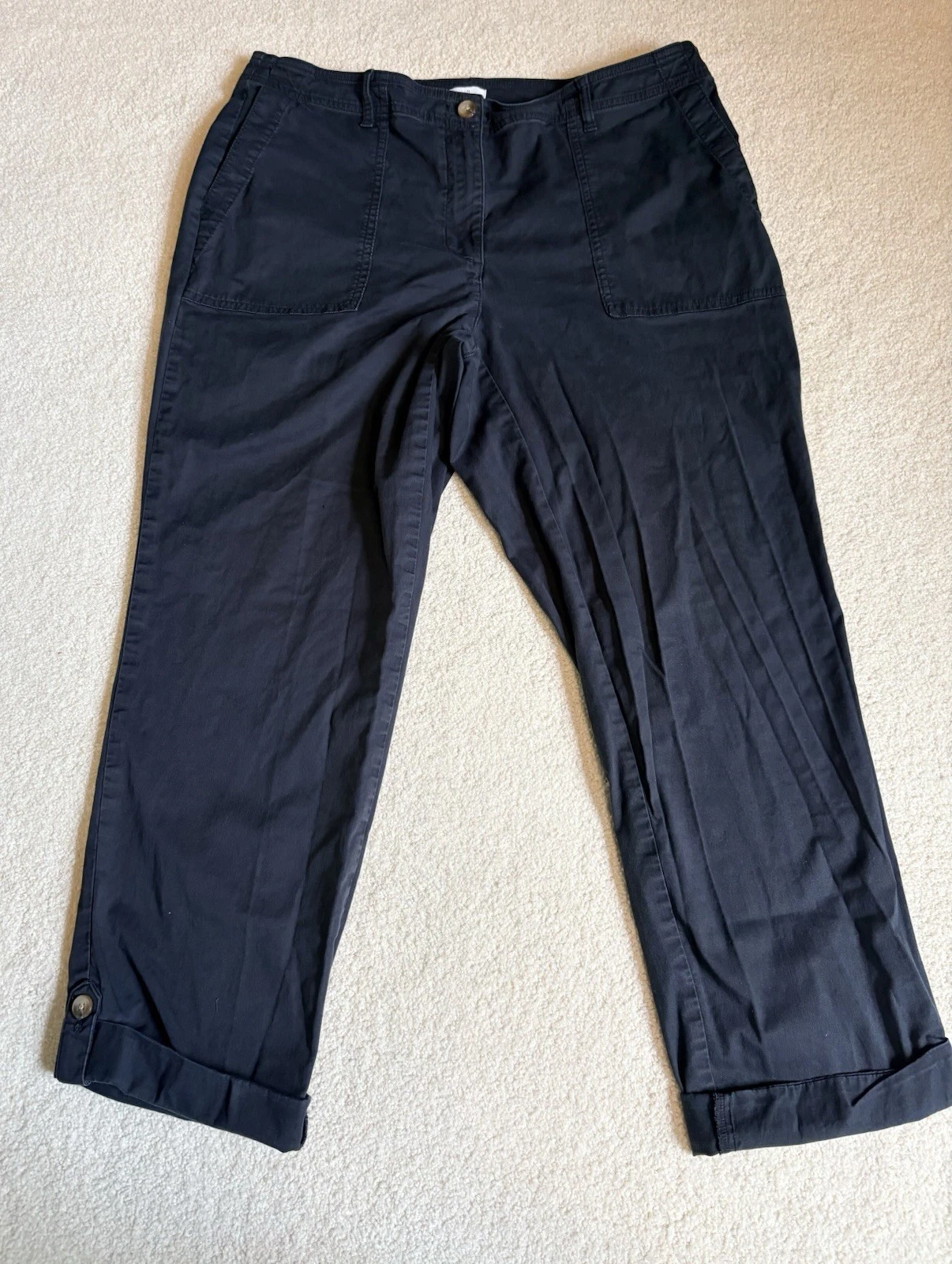 J Jill Women's 14 Pima Cotton Stretch Beach Roll Tab Leg Capri Pants Black Beach