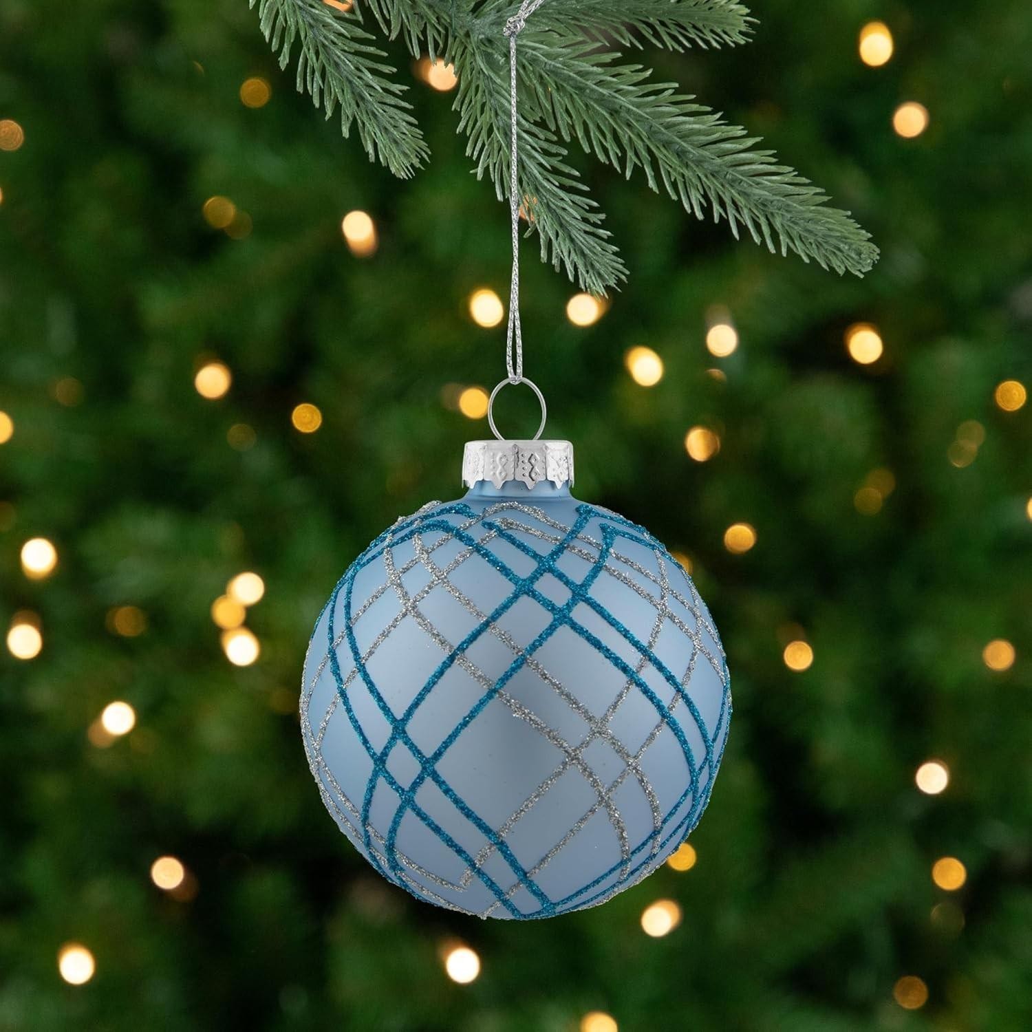 New Northlight Set Of 4 Count Plaid Glitter Christmas Ornaments Blue