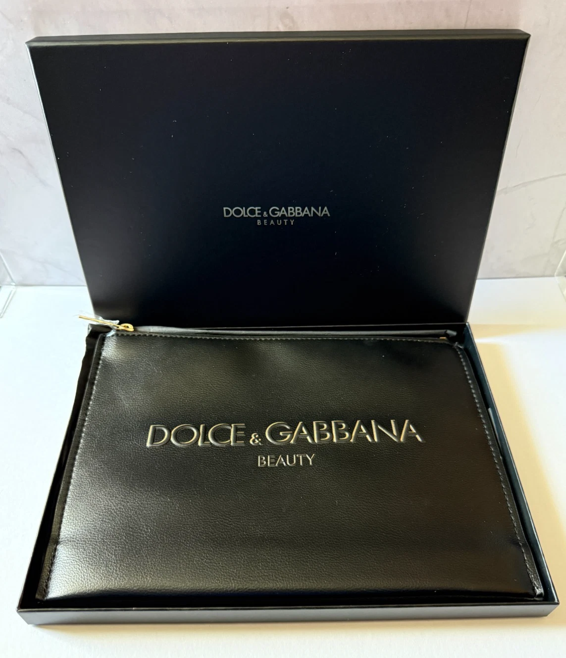 Dolce & Gabbana Beauty Makeup Bag Black Zippered Faux Leather New in Box