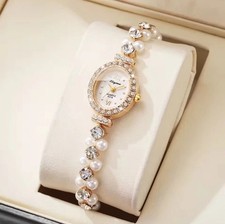 Women's Gold and White Pearl Bracelet Watch
