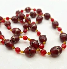 Vtg Red Venetian Beaded Necklace Copper Foil Art Glass 30" Wedding Murano Style