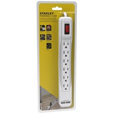 Stanley 30024 PowerMax USB, 6-Outlet Power Strip with 2 USB Ports 2.1A Total 