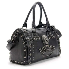Women Skull Handbag Gothic Rivet Tote Satchel Shoulder Crossbody Bag Black