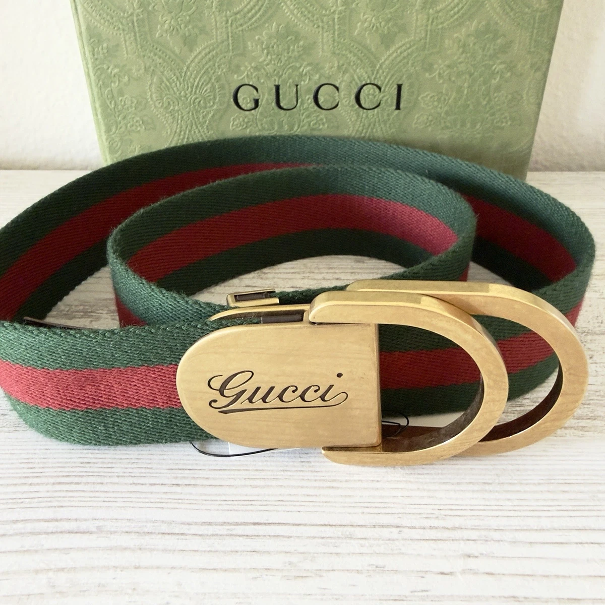 Authentic Gucci GG Reversible Belt Size 34  Waist Olive Green Pre Owned Authentic Gucci Red/Green Web Leather Gold Interlocking G  main image 4