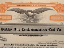 Beckley Fire Creek Smokeless Coal Co. Stock Certificate 1000 Shares WV