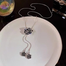 Shining Pave Rose Flower Pendant Tassel Autumn Sweater Chain Fashion Necklace