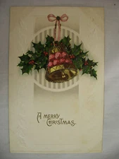 VINTAGE EMBOSSED CHRISTMAS POSTCARD GLITTER OUTLINED BELL & HOLLY 
