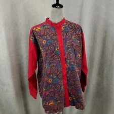 Vintage Gitano Shirt Womens Large Red Paisley Band Collar Paisley Color Block