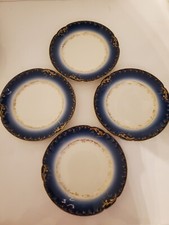Fine Set of 4 Cobalt Blue Limoges Dessert  Plates Gilt Rim D 7 1/2"
