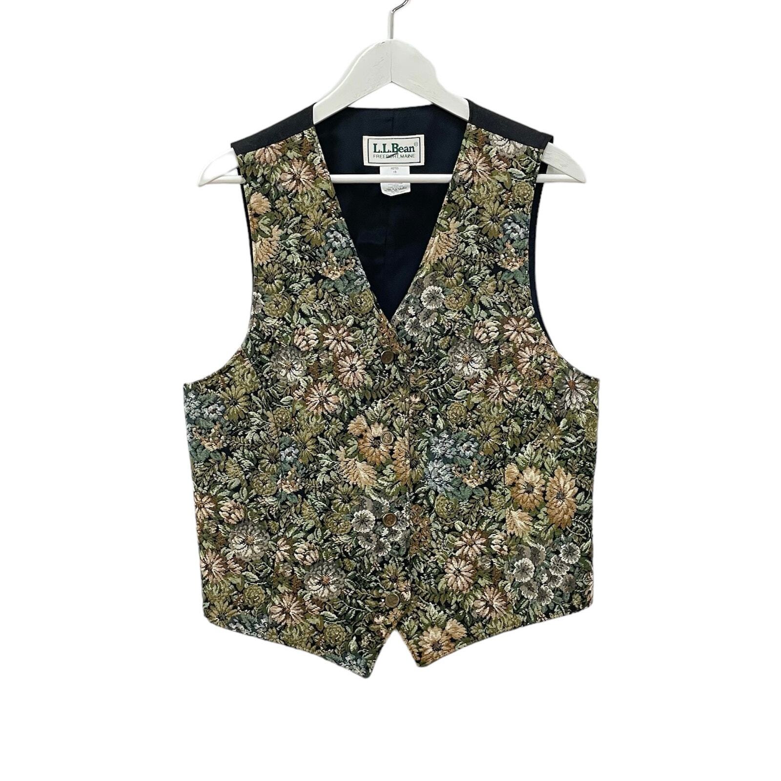 Vintage L.L. Bean Women 90s Multicolor Floral Needlepoint Button Front Vest Sz L
