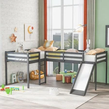 L-Shaped Twin Size Loft Bed with Ladder and Slide Wood Low Loft Bed Frame