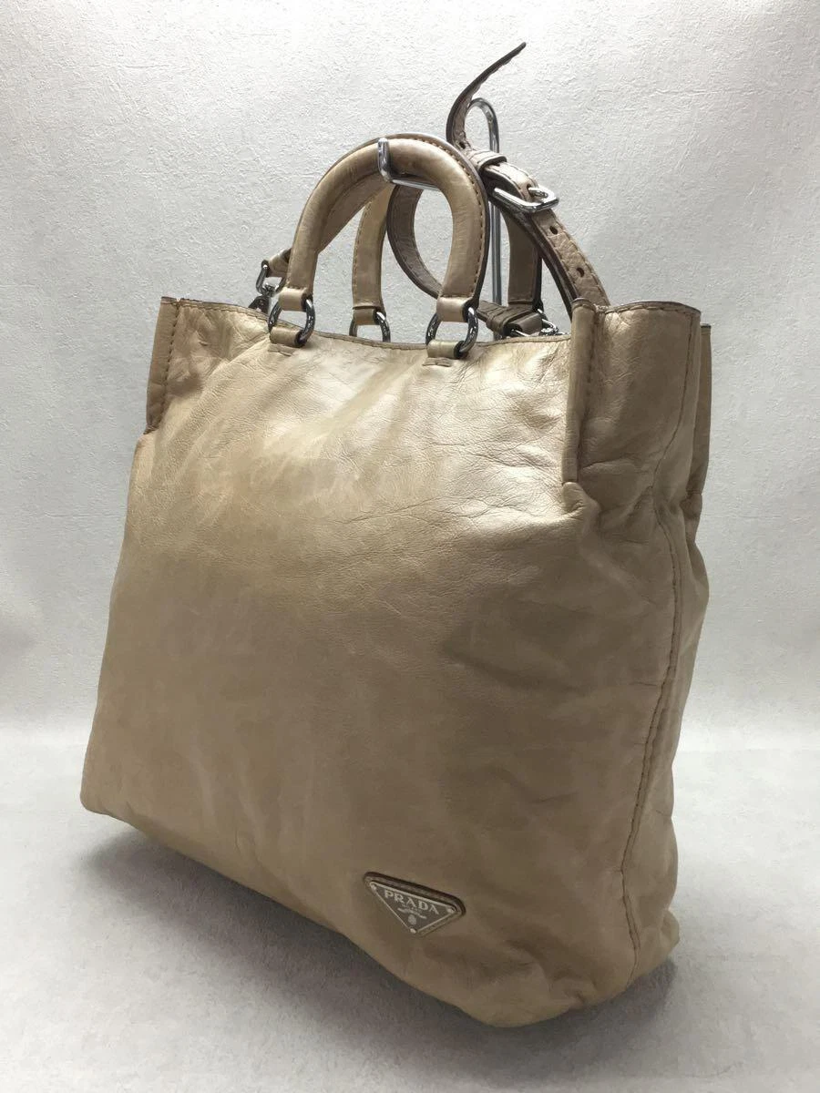 PRADA BR4617 VITELLO SHINE 2WAY TOTE BAG BEIGE USED 0204A