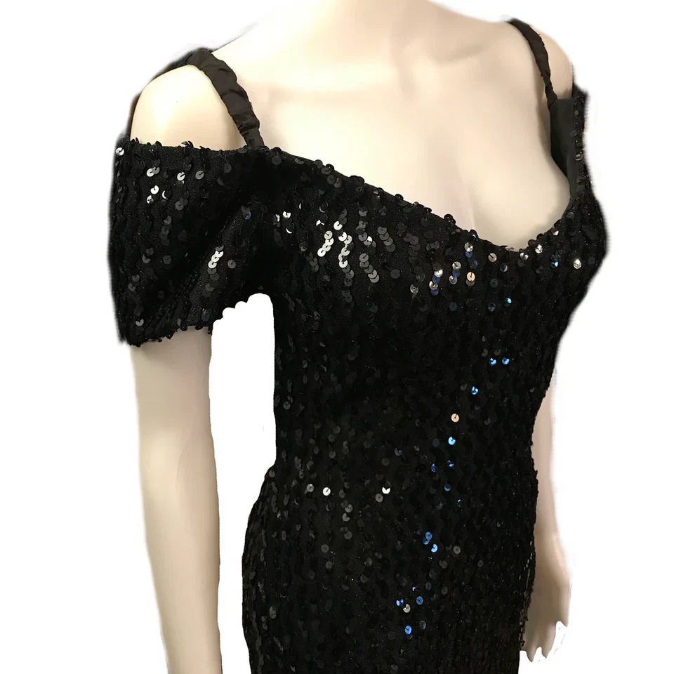 Vintage 80s Glenrob Black Sequined Off the Shoulder Convertible Cocktail Dress S - Image 4 of 4