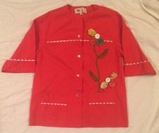 Vtg Little House Creations Womens Medium Red Flowers Psychedelic Artist Smock