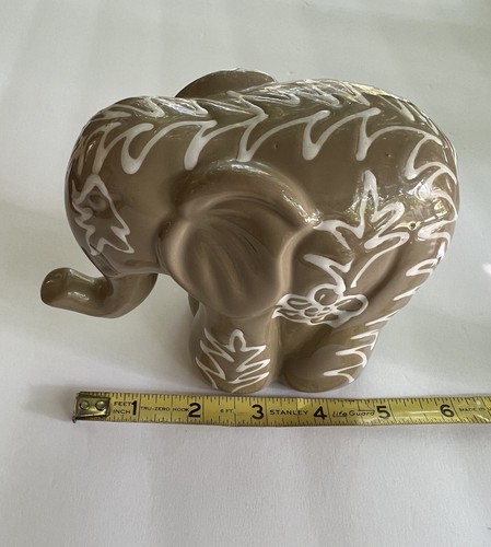Ceramic Elephant White Designs on Brown Figurine Trunk Down Luck 5" x 5" - Picture 4 of 9