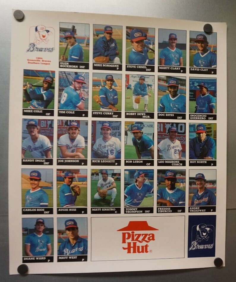 1984 Greenville Braves Pizza Hut Baseball Card Team Sheet Poster 17" x