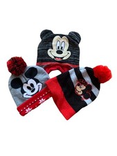 Mickey Mouse Beanie Hats Winter Black Red Gray Ear Flap Pom Poms Lot Of 3