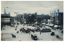 Main Street: Public Square, Trolleys, Horse Drawn, Stores, Lima, OH. Pre-1908.
