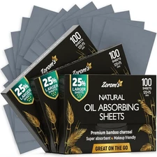 Natural Oil Blotting Sheets for Face 100 Count (Pack of 3), Bamboo Charcoal 