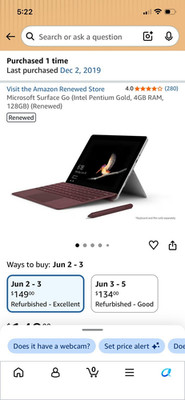 Microsoft Surface Go 10in 128GB 4GB Tablet w/ Burgundy Type Cover and pen bundle