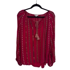 Sundance Large Pink Embroidered Tassel Top Blouse Floral Boho Western  Viscose