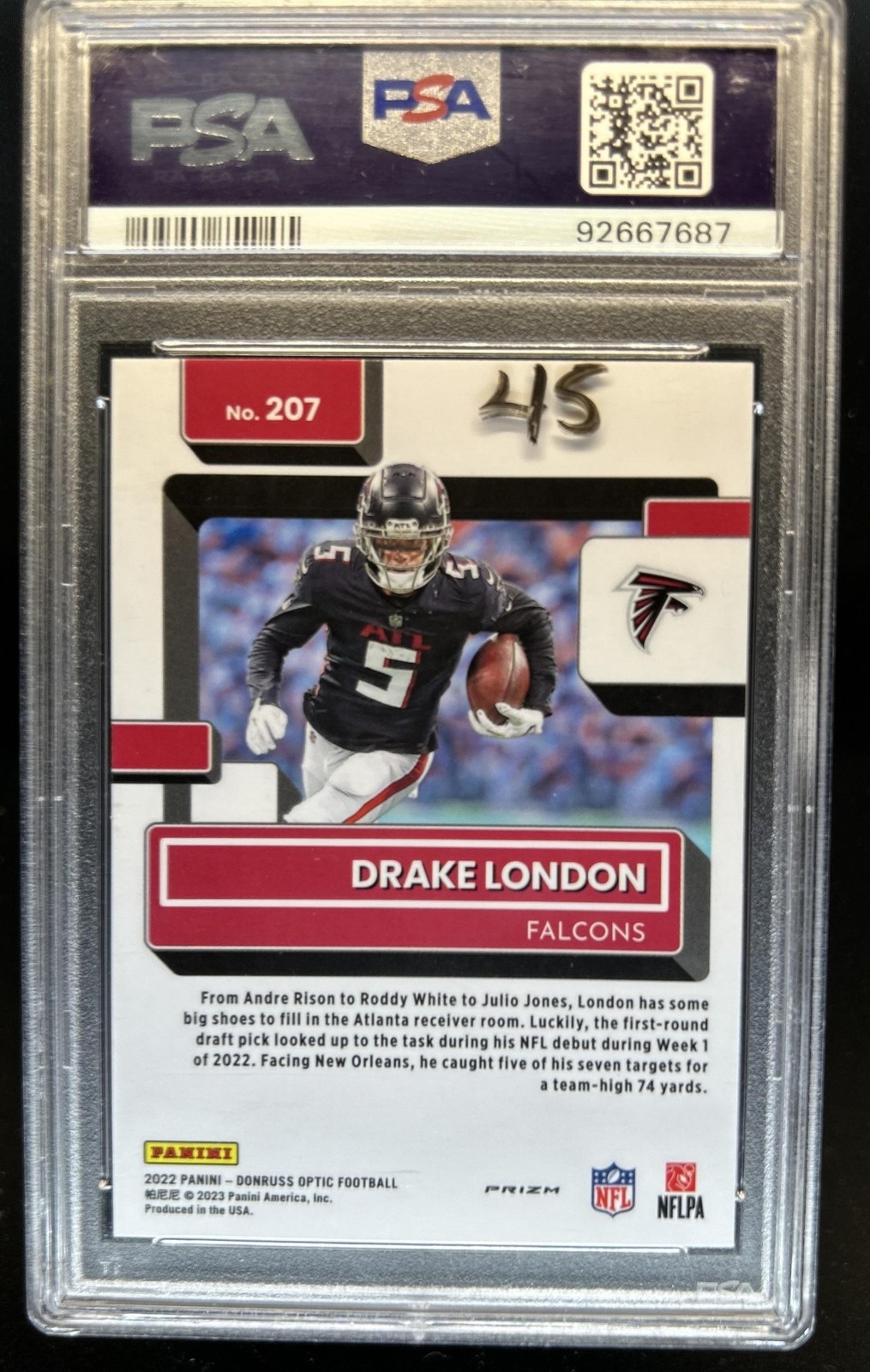 2022 Panini Donruss Optic Drake London Pink RC Rated Rookie #207 Falcons PSA 10 view 2
