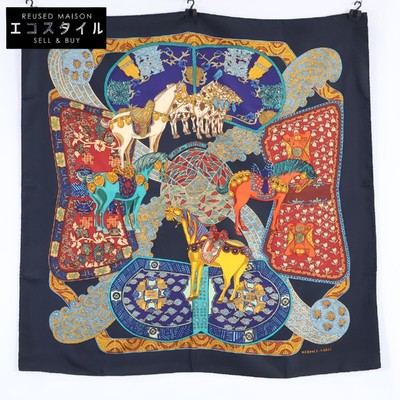 HERMES ART des STEPPES Step Art Silk Carre 90 Scarf Black Multicolor Ladies