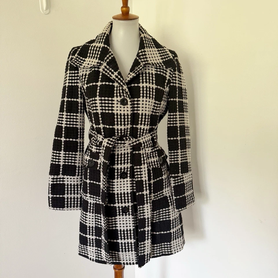 Chaquetón vintage Y2K negro blanco a cuadros tweed mezcla de lana con cinturón L grande Foto 4 de 4