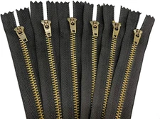 6 Pcs 6 Inch Metal Zippers Closed End #5 Black Tape Antique Brass Teeth Spring L